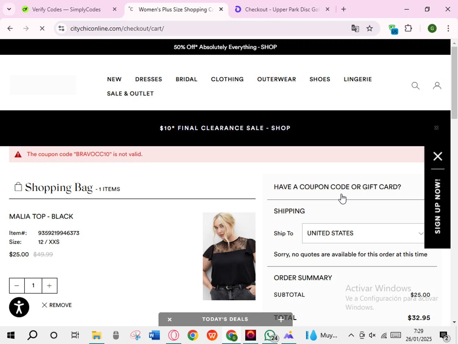 Hips & Curves promo code screenshot showing code BRAVOCC10 applied at Hips & Curves checkout page. Uploaded by SimplyCodes community member RoyalVirtuoso7438 on Jan 26, 2025