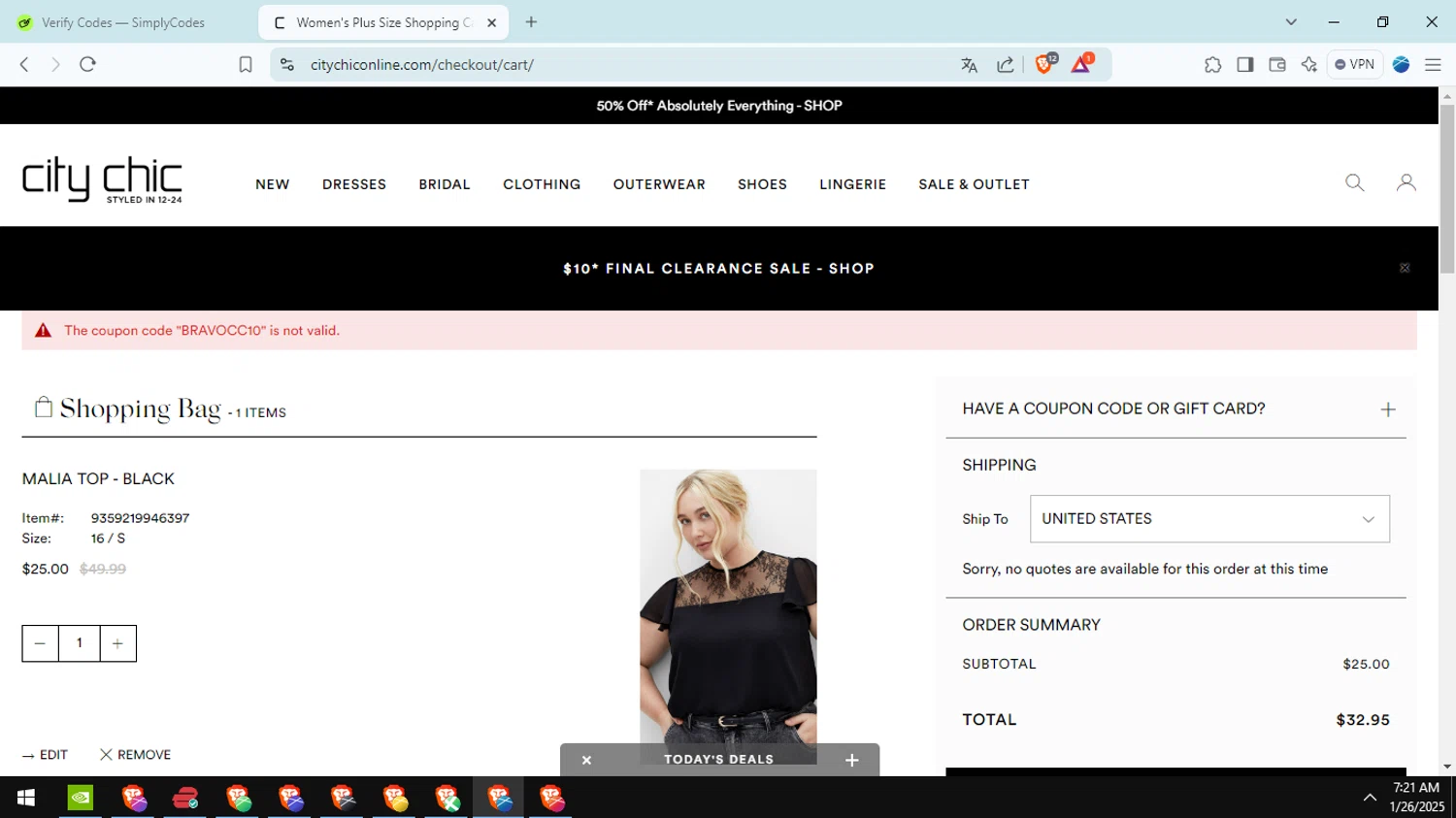 Hips & Curves promo code screenshot showing code BRAVOCC10 applied at Hips & Curves checkout page. Uploaded by SimplyCodes community member fabianmartinez on Jan 26, 2025