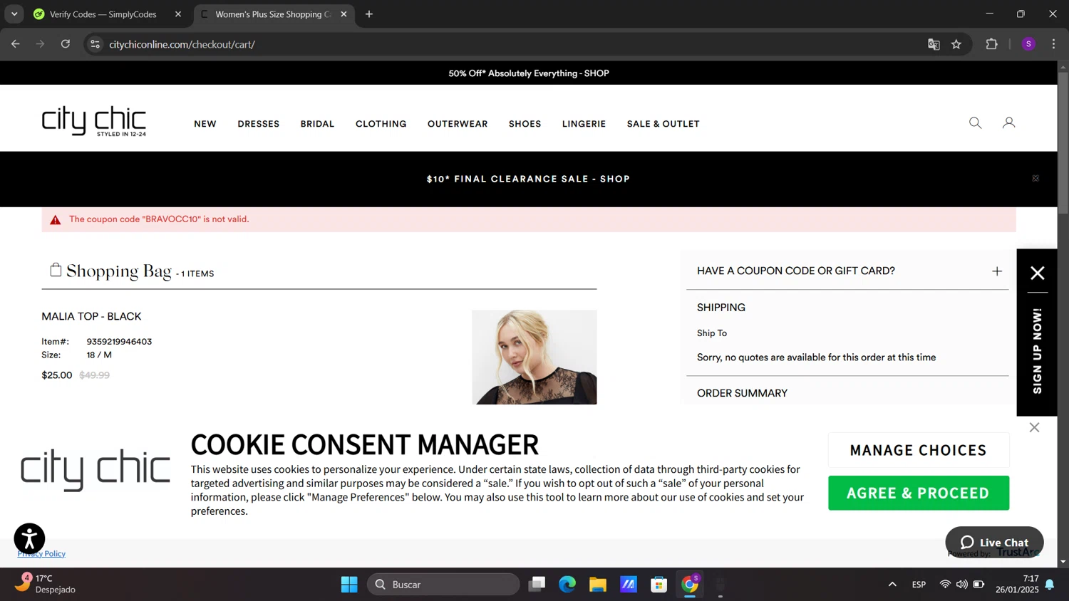 Hips & Curves promo code screenshot showing code BRAVOCC10 applied at Hips & Curves checkout page. Uploaded by SimplyCodes community member sorialbam on Jan 26, 2025