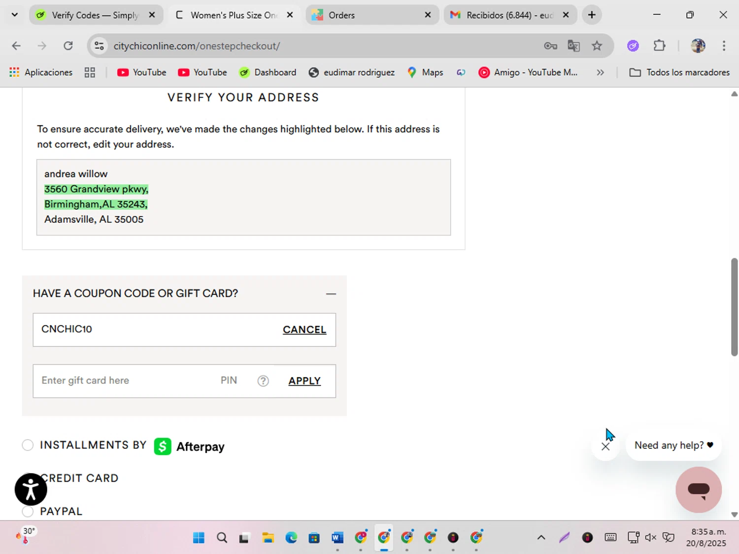 Hips & Curves promo code screenshot showing code CNCHIC10 applied at Hips & Curves checkout page. Uploaded by SimplyCodes community member ShrewdSeeker5445 on Aug 20, 2025