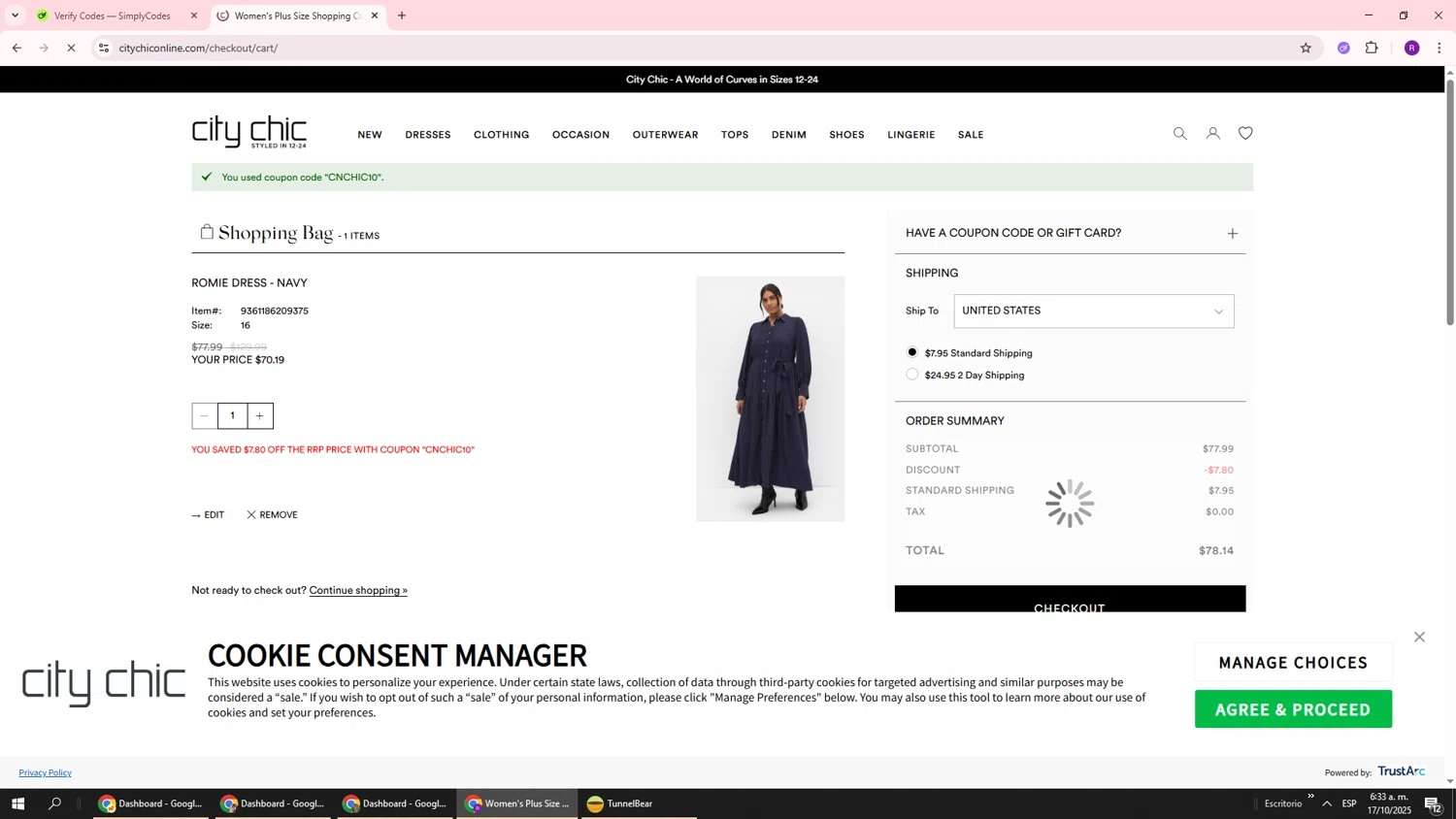 Hips & Curves promo code screenshot showing code CNCHIC10 applied at Hips & Curves checkout page. Uploaded by SimplyCodes community member ukemochi on Oct 17, 2025