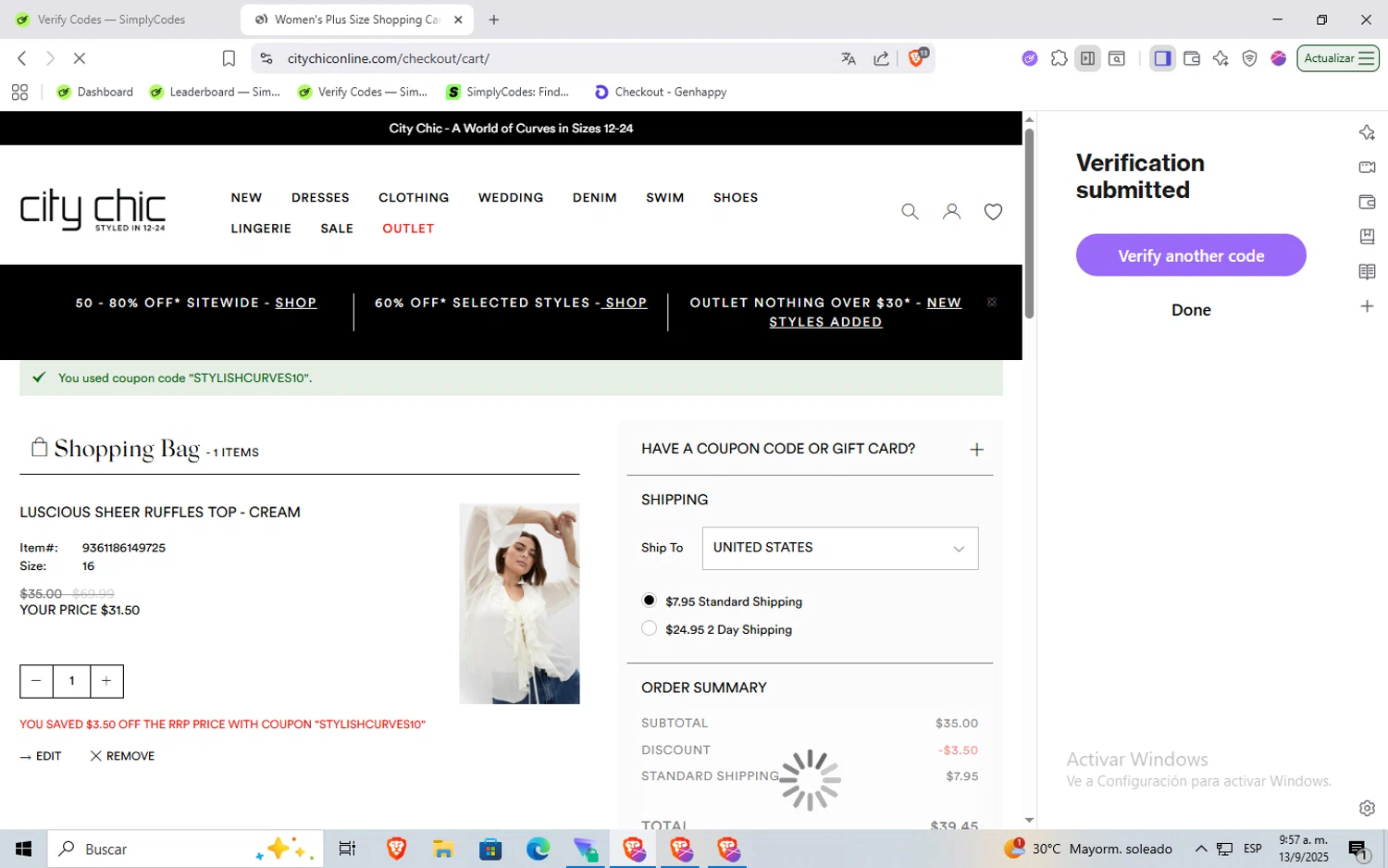 Hips & Curves promo code screenshot showing code STYLISHCURVES10 applied at Hips & Curves checkout page. Uploaded by SimplyCodes community member Rayyyyyy on Sep 13, 2025