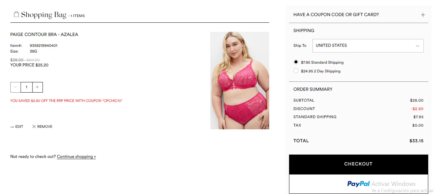 Hips & Curves promo code screenshot showing code CPCHIC10 applied at Hips & Curves checkout page. Uploaded by SimplyCodes community member RoYoK88 on Nov 10, 2025