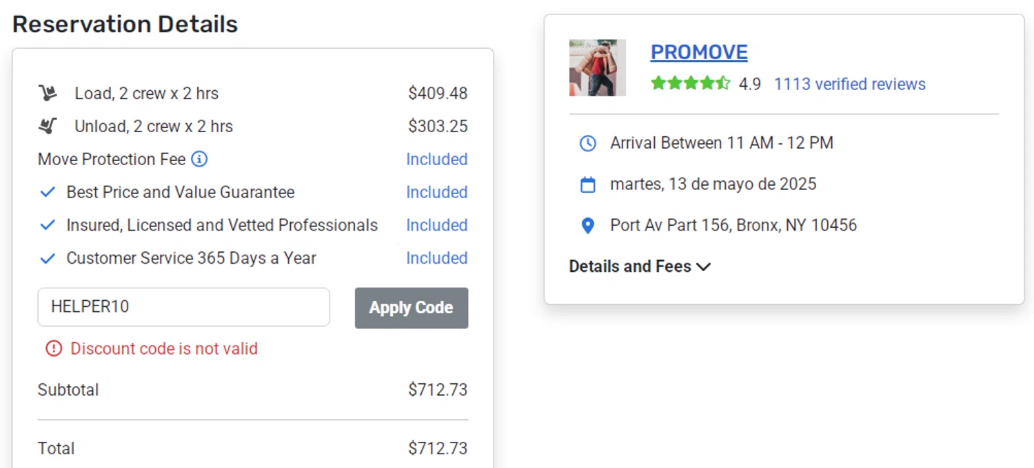 HireAHelper discount code screenshot showing code HELPER10 applied at HireAHelper checkout page. Uploaded by SimplyCodes community member ykpj25 on May 6, 2025