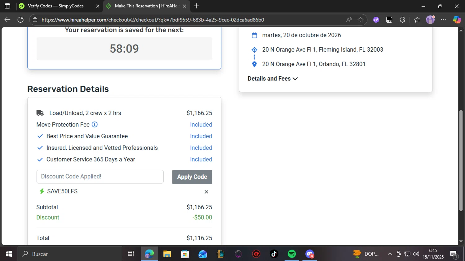 HireAHelper checkout page showing HireAHelper discount code box | Screenshot taken by SimplyCodes community member on Nov 15, 2025