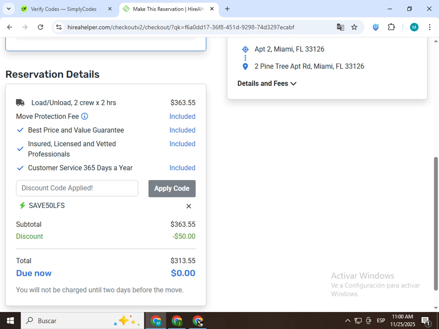 HireAHelper discount code screenshot showing code SAVE50LFS applied at HireAHelper checkout page. Uploaded by SimplyCodes community member estrellaveloz on Nov 25, 2025