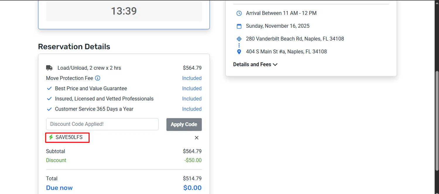 HireAHelper checkout page showing HireAHelper discount code box | Screenshot taken by SimplyCodes community member on Nov 9, 2025