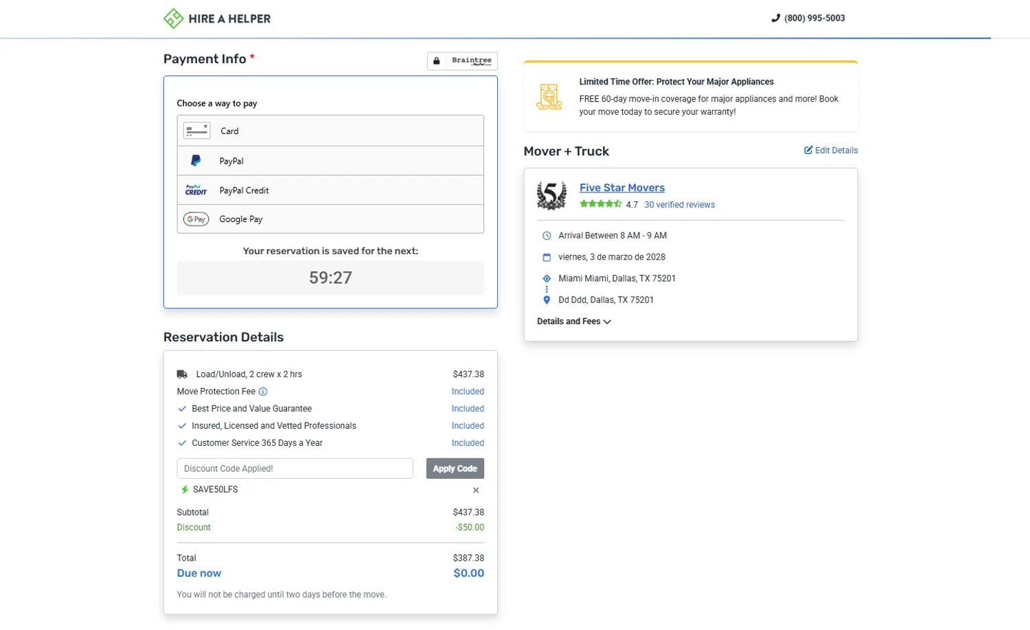HireAHelper promo code screenshot showing code SAVE50LFS applied at HireAHelper checkout page. Uploaded by SimplyCodes community member reggiesmith on Apr 6, 2026