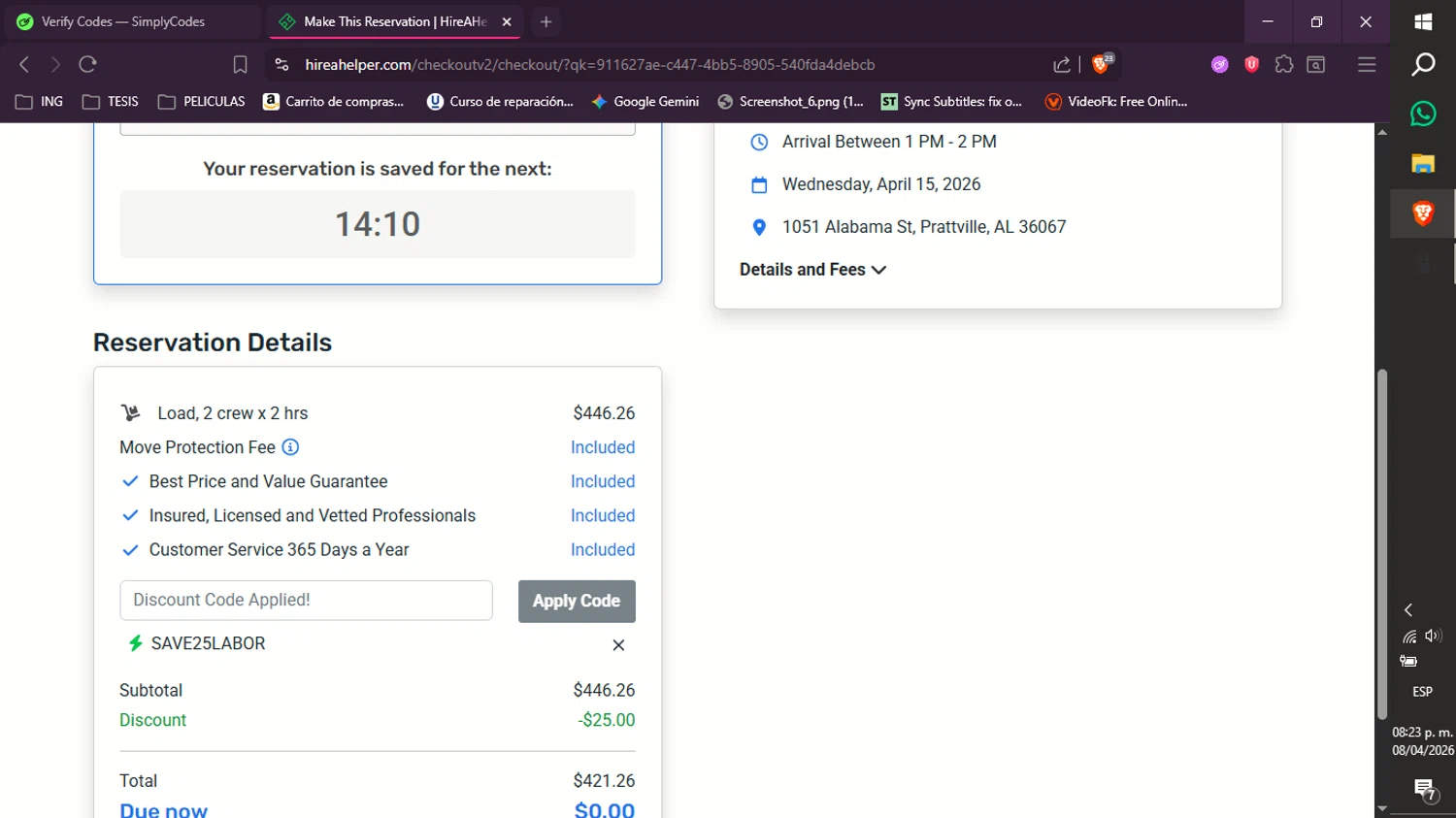 HireAHelper promo code screenshot showing code SAVE25LABOR applied at HireAHelper checkout page. Uploaded by SimplyCodes community member xXdevoragoticas69Xx on Apr 9, 2026
