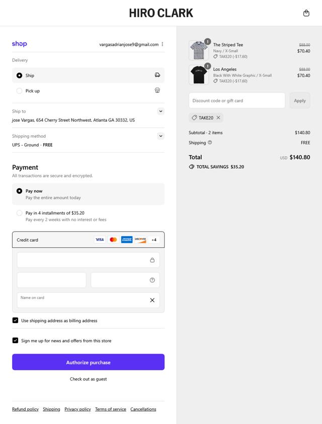 Hiro Clark checkout page showing Hiro Clark discount code box | Screenshot taken by SimplyCodes community member on Sep 3, 2025