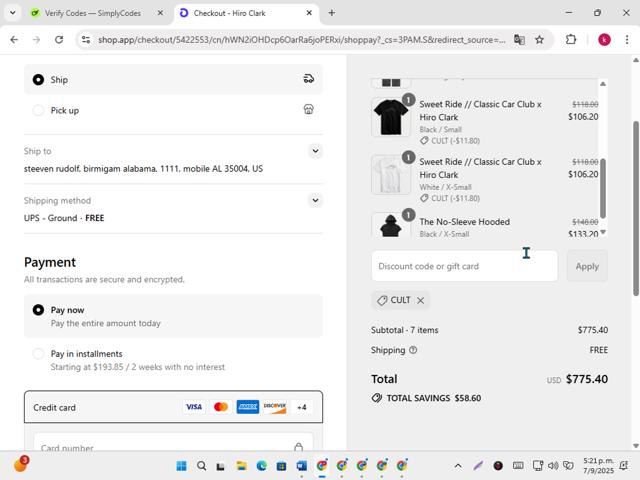 Hiro Clark checkout page showing Hiro Clark discount code box | Screenshot taken by SimplyCodes community member on Sep 7, 2025
