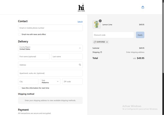 Hi Seltzer checkout page showing Hi Seltzer promo code box | Screenshot taken by SimplyCodes community member on Aug 25, 2025