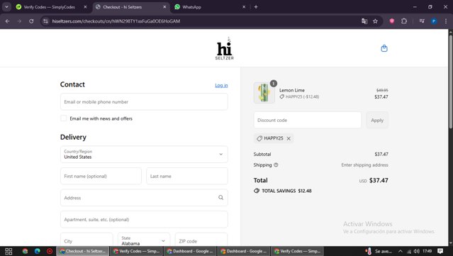 Hi Seltzer checkout page showing Hi Seltzer promo code box | Screenshot taken by SimplyCodes community member on Aug 23, 2025