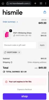 Hismile Teeth Int coupon verification screenshot