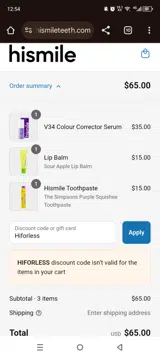 Hismile Teeth Int coupon verification screenshot