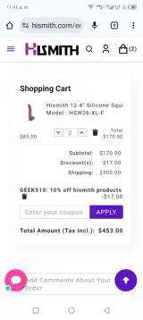 Hismith coupon verification screenshot