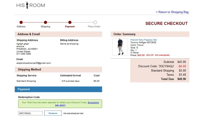 HisRoom checkout page showing HisRoom coupon code box | Screenshot taken by SimplyCodes community member on Dec 17, 2021
