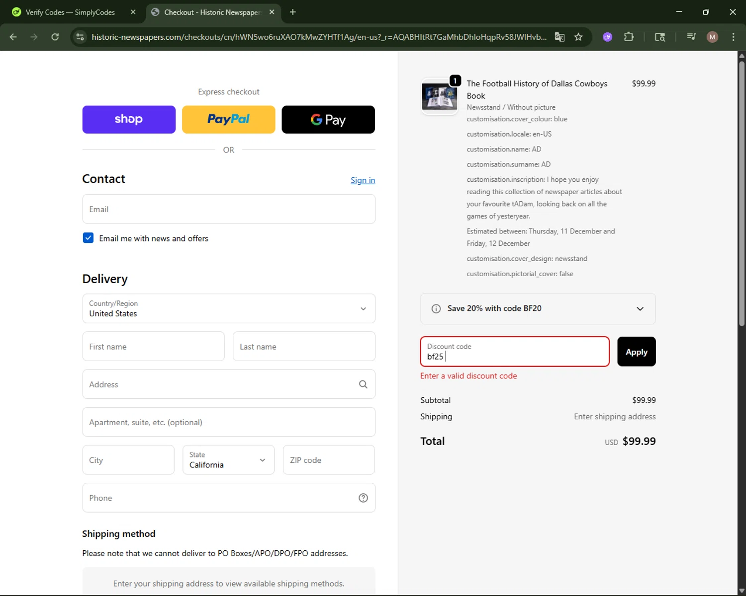 Historic Newspapers promo code screenshot showing code bf25 applied at Historic Newspapers checkout page. Uploaded by SimplyCodes community member CoinLegend4598 on Dec 2, 2025