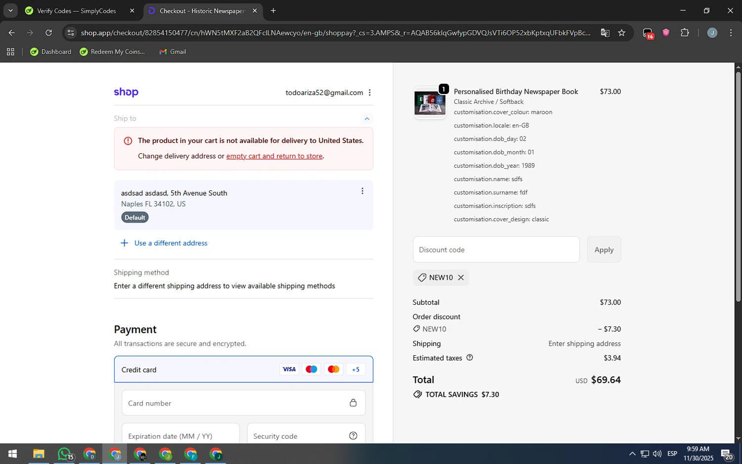 Historic Newspapers promo code screenshot showing code NEW10 applied at Historic Newspapers checkout page. Uploaded by SimplyCodes community member MarkGrayson on Nov 30, 2025