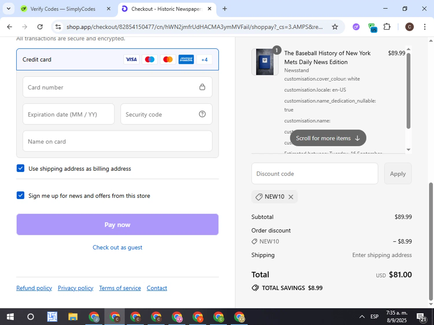 Historic Newspapers promo code screenshot showing code NEW10 applied at Historic Newspapers checkout page. Uploaded by SimplyCodes community member TreasureFox8596 on Sep 8, 2025