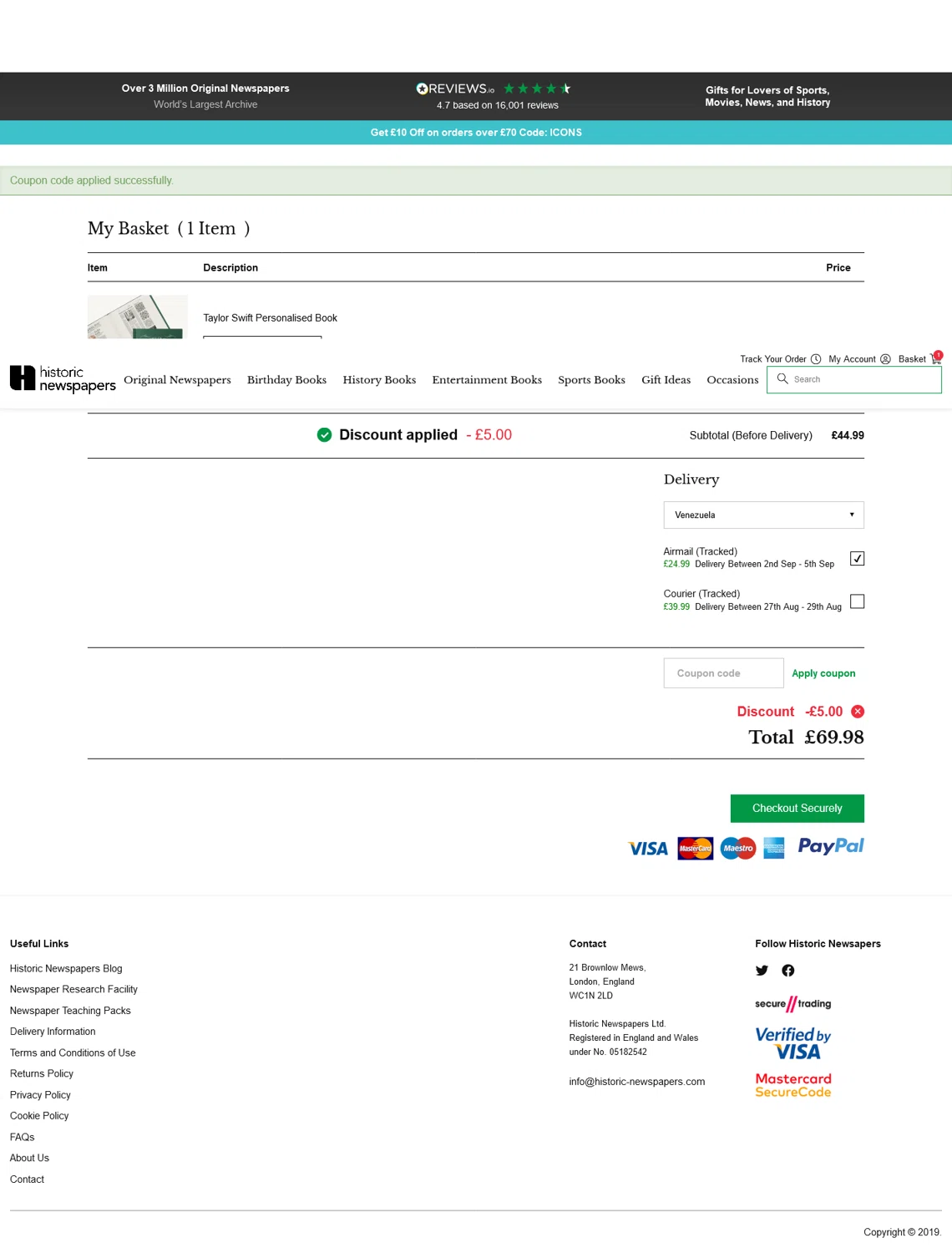 Historic Newspapers checkout page showing Historic Newspapers promo code box | Screenshot taken by SimplyCodes community member on Aug 19, 2024