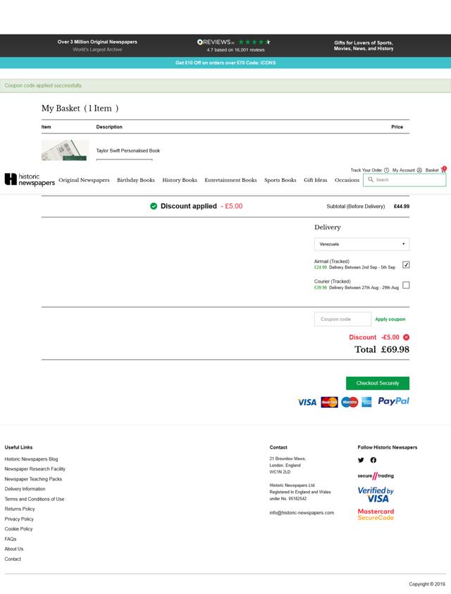 Historic Newspapers checkout page showing Historic Newspapers promo code box | Screenshot taken by SimplyCodes community member on Aug 19, 2024