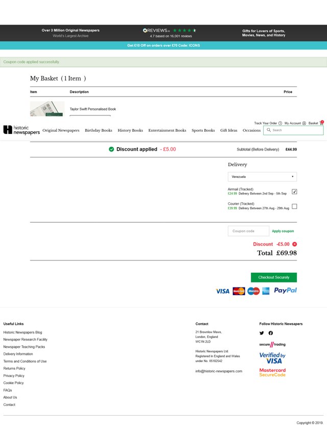 Historic Newspapers checkout page showing Historic Newspapers promo code box | Screenshot taken by SimplyCodes community member on Aug 19, 2024