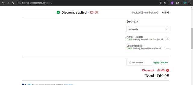 Historic Newspapers checkout page showing Historic Newspapers promo code box | Screenshot taken by SimplyCodes community member on Jun 29, 2024