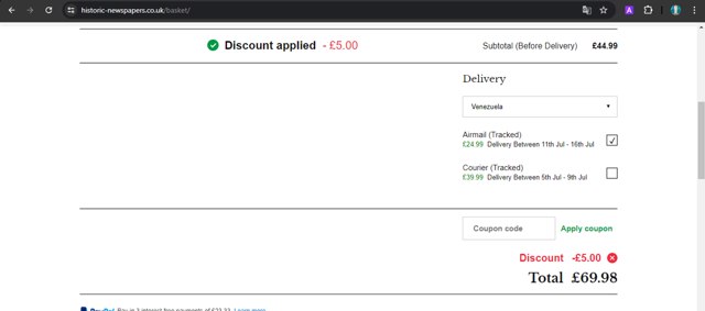 Historic Newspapers checkout page showing Historic Newspapers promo code box | Screenshot taken by SimplyCodes community member on Jun 29, 2024