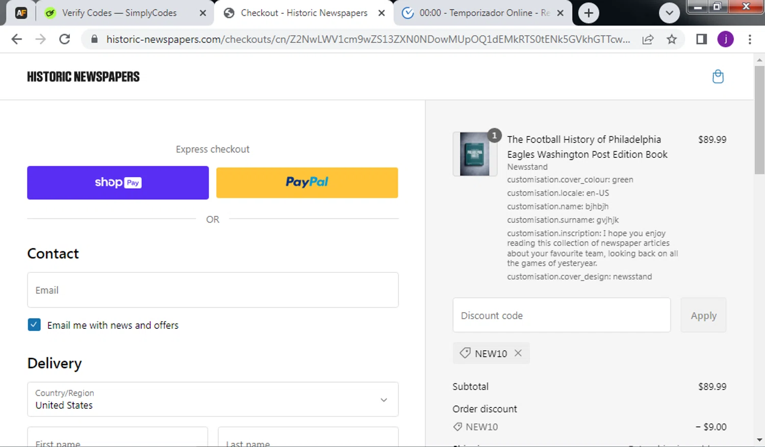 Historic Newspapers checkout page showing Historic Newspapers promo code box | Screenshot taken by SimplyCodes community member on Mar 3, 2025
