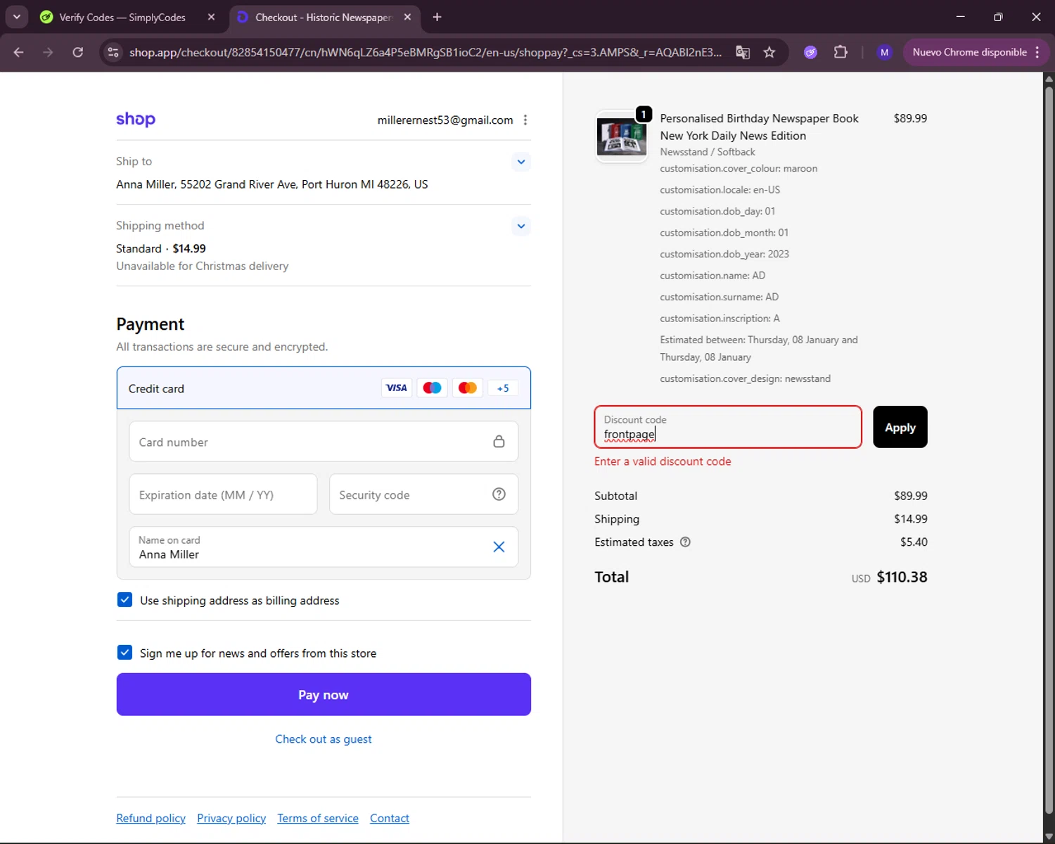 Historic Newspapers promo code screenshot showing code frontpage applied at Historic Newspapers checkout page. Uploaded by SimplyCodes community member RewardLynx5307 on Dec 25, 2025