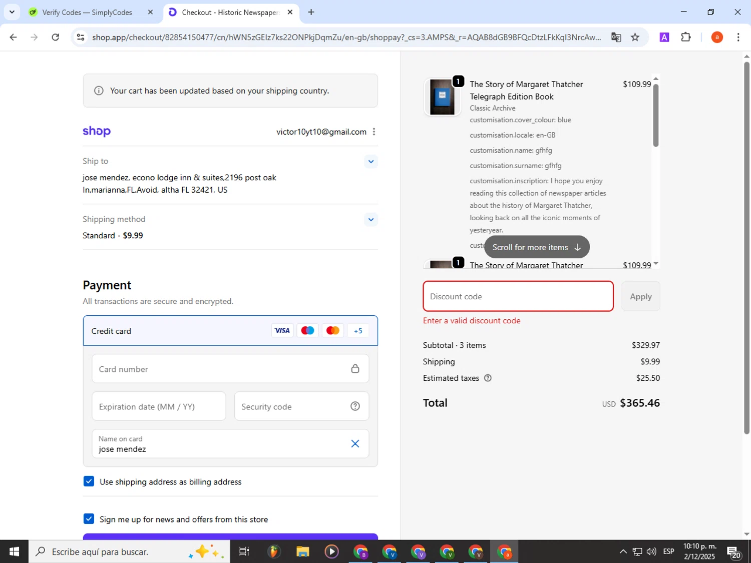 Historic Newspapers promo code screenshot showing code frontpage applied at Historic Newspapers checkout page. Uploaded by SimplyCodes community member partenalgas on Dec 3, 2025