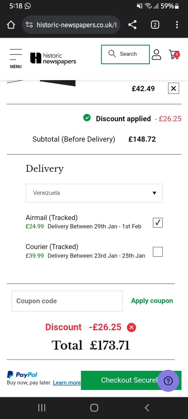 Historic Newspapers checkout page showing Historic Newspapers promo code box | Screenshot taken by SimplyCodes community member on Jan 16, 2024