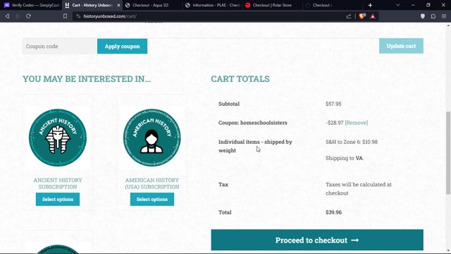 History Unboxed checkout page showing History Unboxed coupon code box | Screenshot taken by SimplyCodes community member on Sep 19, 2023
