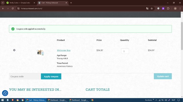 History Unboxed checkout page showing History Unboxed coupon code box | Screenshot taken by SimplyCodes community member on Aug 7, 2024