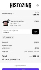 BACK20 coupon verification screenshot