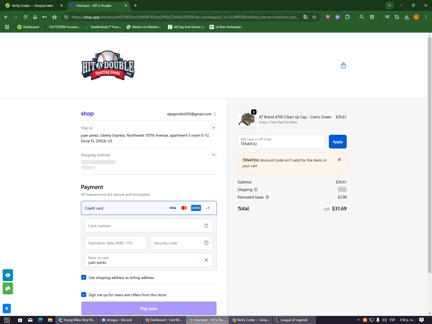 Hit a Double discount code screenshot showing code TEN4YOU applied at Hit a Double checkout page. Uploaded by SimplyCodes community member DealOwl9228 on Oct 14, 2025