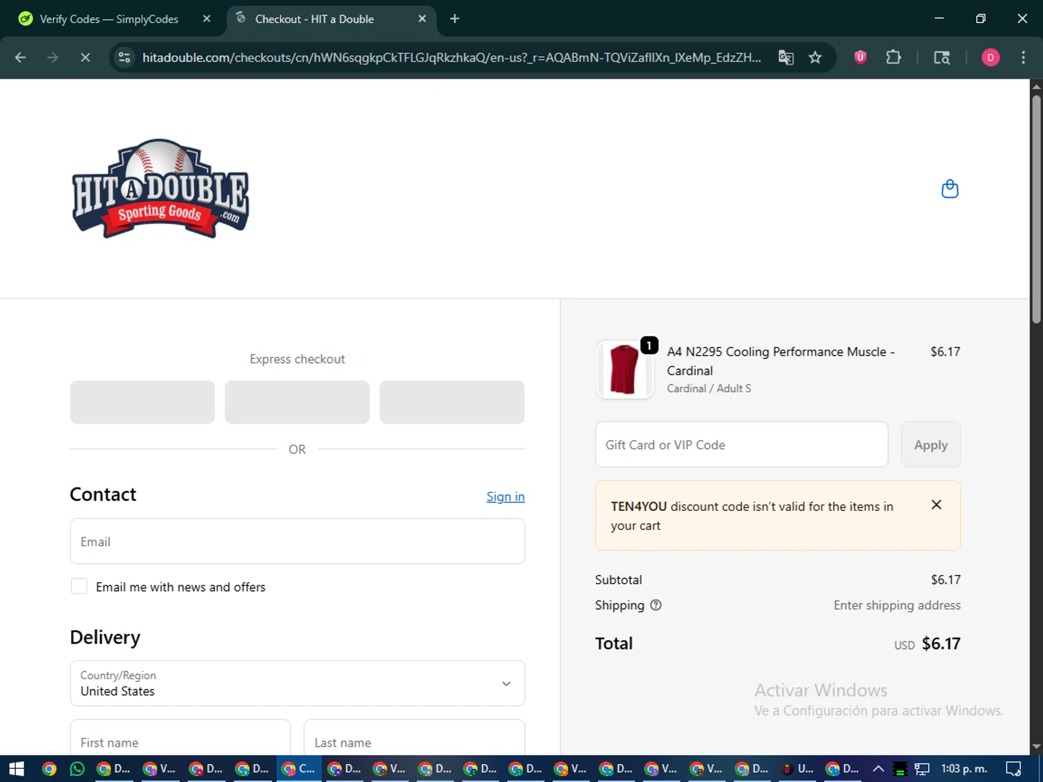 Hit a Double discount code screenshot showing code TEN4YOU applied at Hit a Double checkout page. Uploaded by SimplyCodes community member MoneySeeker7165 on Dec 26, 2025