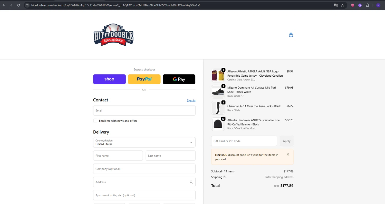 Hit a Double checkout page showing Hit a Double discount code box | Screenshot taken by SimplyCodes community member on Feb 14, 2026