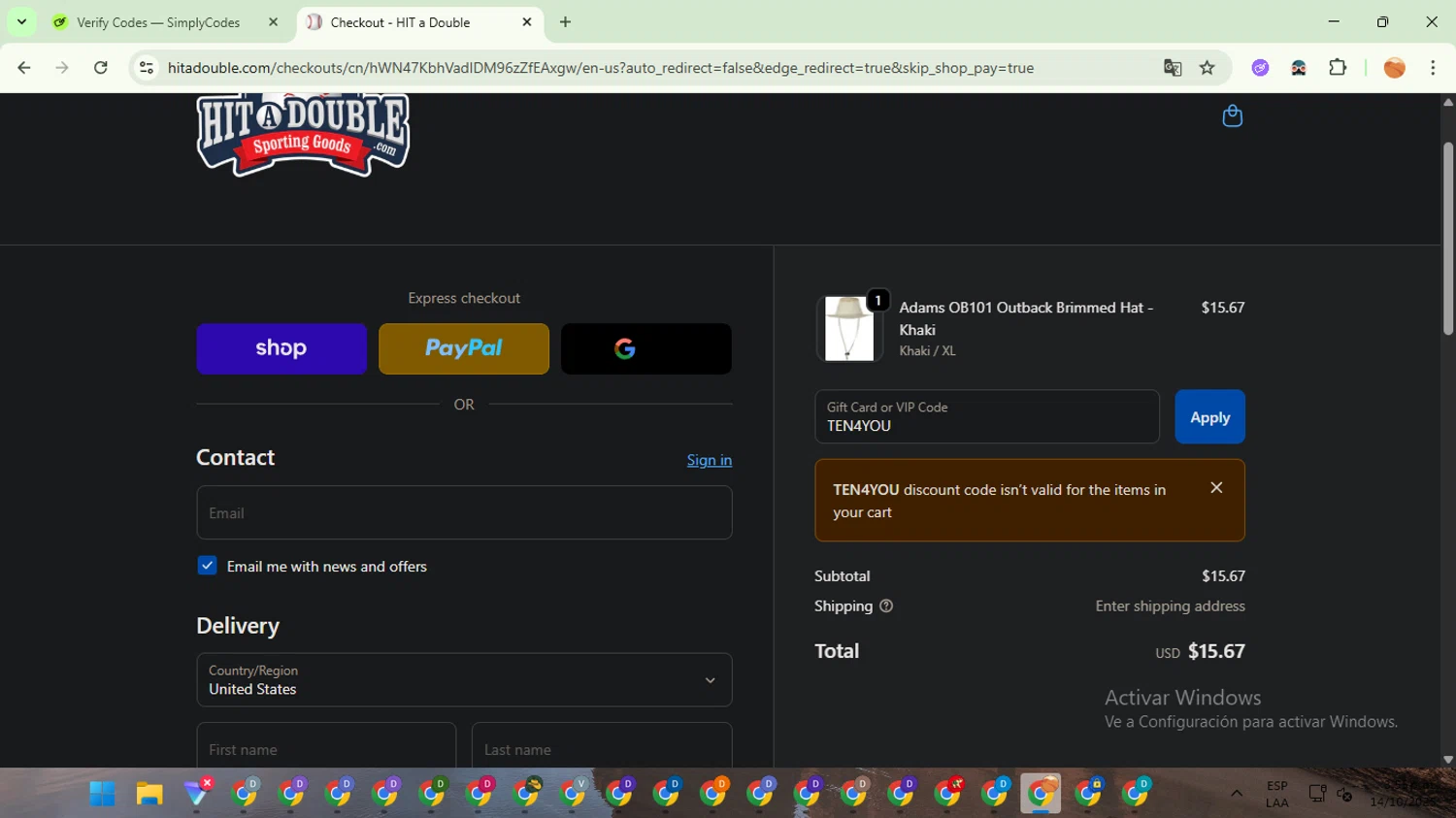 Hit a Double discount code screenshot showing code TEN4YOU applied at Hit a Double checkout page. Uploaded by SimplyCodes community member TreasureSentinel5290 on Oct 14, 2025