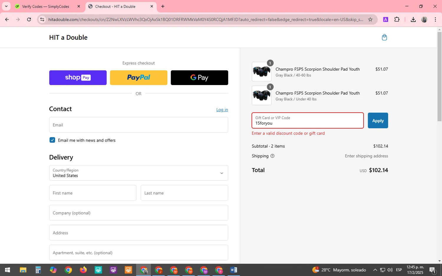 Hit a Double discount code screenshot showing code 15foryou applied at Hit a Double checkout page. Uploaded by SimplyCodes community member SARAI13 on Feb 17, 2025