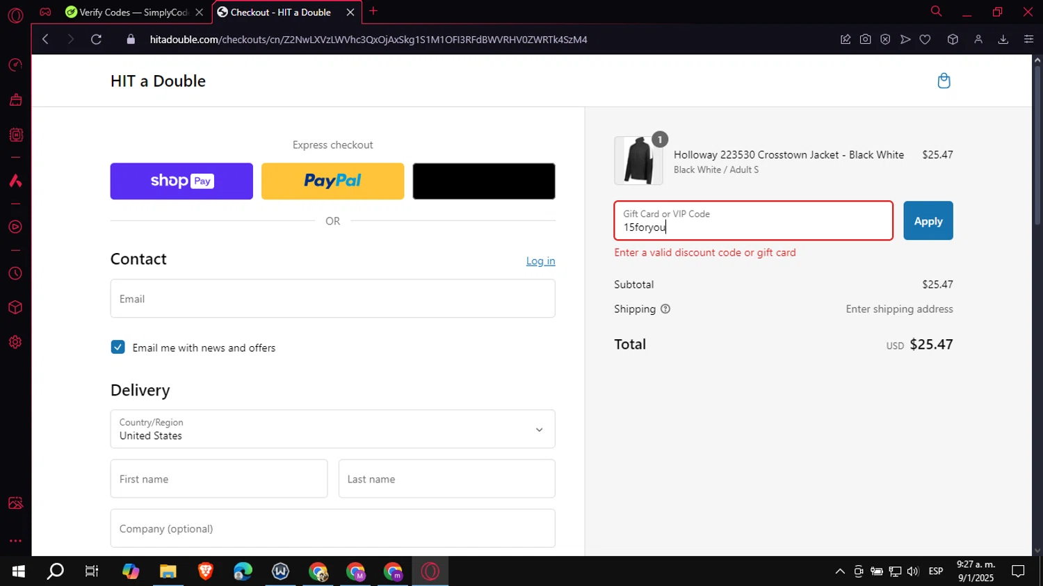 Hit a Double discount code screenshot showing code 15foryou applied at Hit a Double checkout page. Uploaded by SimplyCodes community member VoucherCollector3778 on Jan 9, 2025
