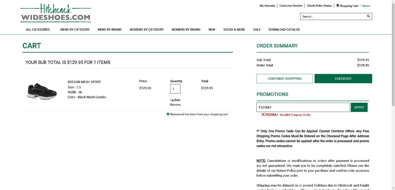 Hitchcock coupon code screenshot showing code FS25MJ applied at Hitchcock checkout page. Uploaded by SimplyCodes community member VictoriousFinder4393 on Oct 16, 2025