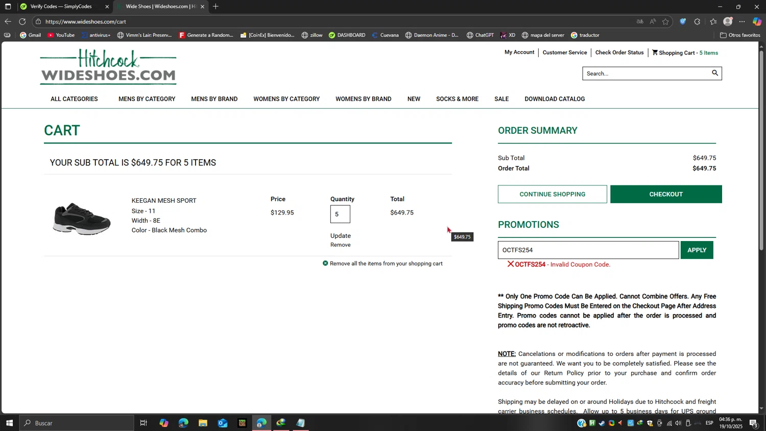 Hitchcock coupon code screenshot showing code OCTFS254 applied at Hitchcock checkout page. Uploaded by SimplyCodes community member Ricardoanavas on Oct 19, 2025