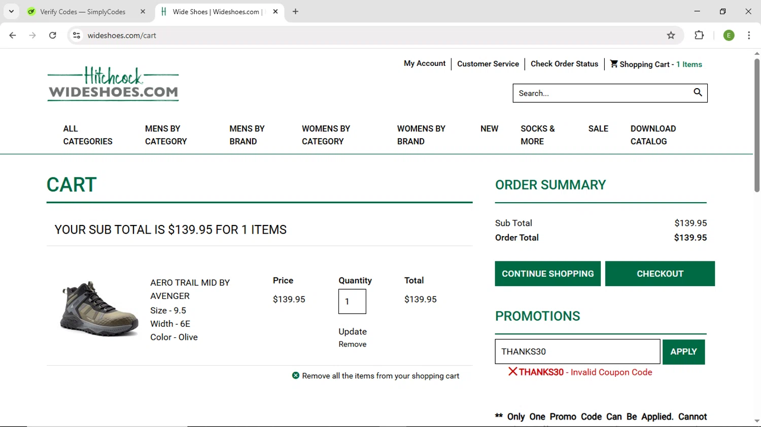 Hitchcock coupon code screenshot showing code THANKS30 applied at Hitchcock checkout page. Uploaded by SimplyCodes community member DiscountScout1646 on Dec 3, 2025