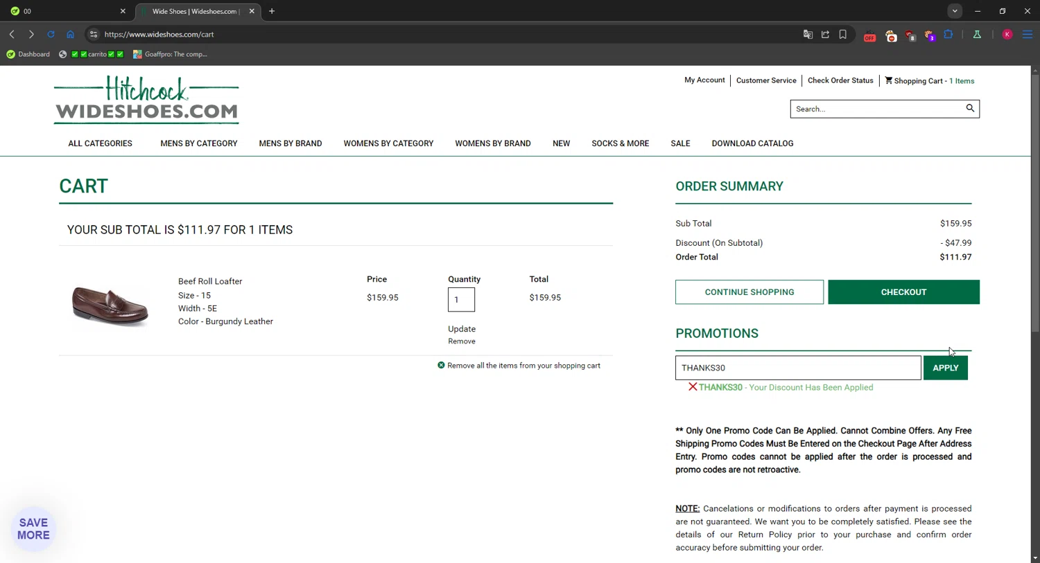 Hitchcock coupon code screenshot showing code THANKS30 applied at Hitchcock checkout page. Uploaded by SimplyCodes community member RewardMaverick6941 on Nov 30, 2025