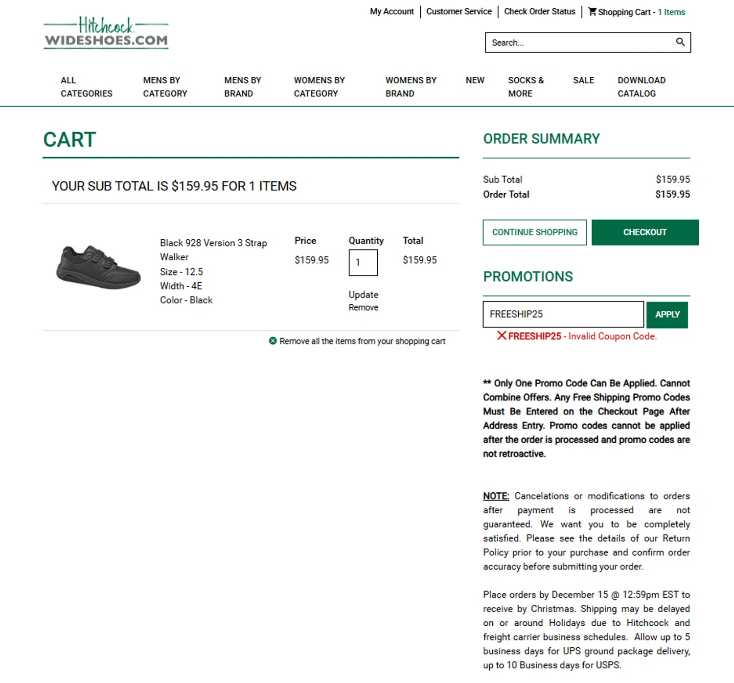 Hitchcock coupon code screenshot showing code FREESHIP25 applied at Hitchcock checkout page. Uploaded by SimplyCodes community member reggiesmith on Dec 16, 2025
