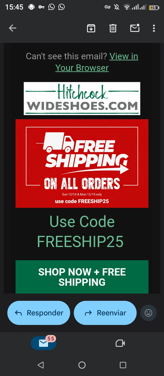 Hitchcock coupon code screenshot showing code FREESHIP25 applied at Hitchcock checkout page. Uploaded by SimplyCodes community member jimmytheis on Dec 15, 2025