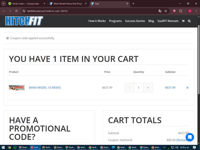 Hitch Fit checkout page showing Hitch Fit promo code box | Screenshot taken by SimplyCodes community member on Jun 20, 2025