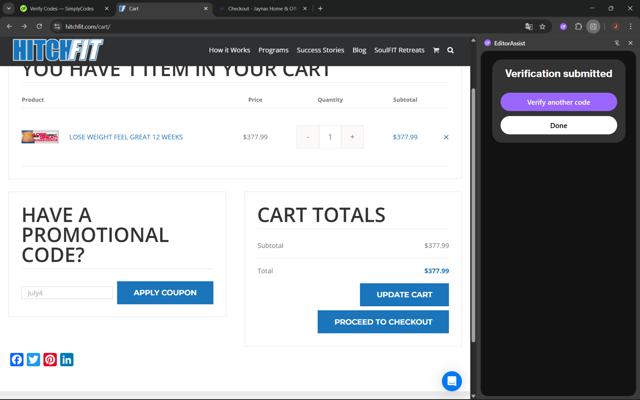 Hitch Fit checkout page showing Hitch Fit promo code box | Screenshot taken by SimplyCodes community member on Aug 27, 2025
